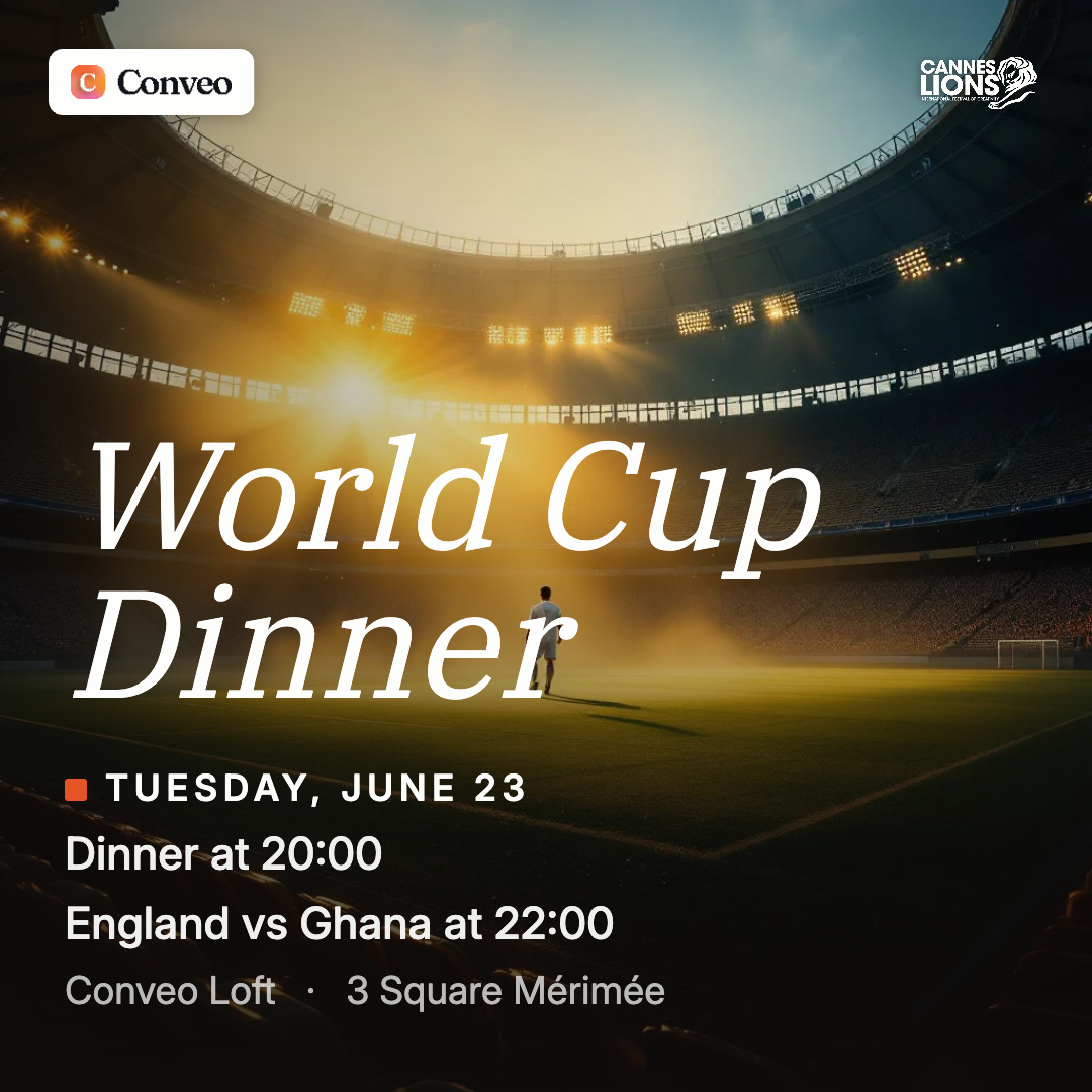 World Cup Dinner — England vs Ghana · Tuesday 23 June, dinner 20:00 / match 22:00 · Conveo Loft, 3 Square Mérimée